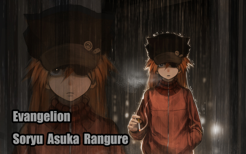 :o animal_ears animal_hat bad_id bad_pixiv_id badge bangs black_hat blue_eyes blurry building button_badge character_name cigarette cityscape closed_mouth depth_of_field evangelion:_3.0_you_can_(not)_redo eyepatch fake_animal_ears frown hair_between_eyes hand_in_pocket hat hat_ornament highres holding holding_cigarette jacket lights long_hair long_sleeves looking_at_viewer lu_ying neon_genesis_evangelion night night_sky orange_hair outdoors parted_lips pocket rain rebuild_of_evangelion red_jacket shaded_face shikinami_asuka_langley sky smoke smoking souryuu_asuka_langley track_jacket turtleneck typo upper_body wet zipper zoom_layer