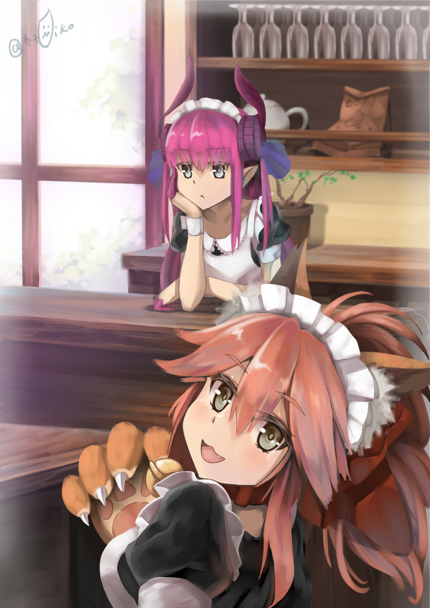 :t absurdres alternate_costume animal_ears apron asymmetrical_horns bell bell_collar blue_eyes braid breasts collar detached_sleeves dragon_girl dress elizabeth_bathory_(fate) elizabeth_bathory_(fate)_(all) enmaided fang fate/grand_order fate_(series) fox_ears grey_eyes hair_ribbon highres horns large_breasts long_hair looking_at_viewer maid maid_apron maid_headdress multiple_girls open_mouth paws pink_hair pointy_ears ribbon tamamo_(fate)_(all) tamamo_cat_(fate) waist_apron yonago_miko