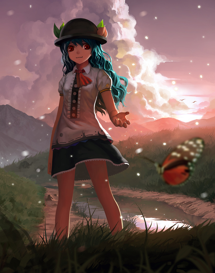 :3 absurdres bad_id bad_pixiv_id black_hat blue_hair bug butterfly food fruit hat highres hinanawi_tenshi insect long_hair looking_at_viewer lu_ying peach red_eyes smile solo touhou