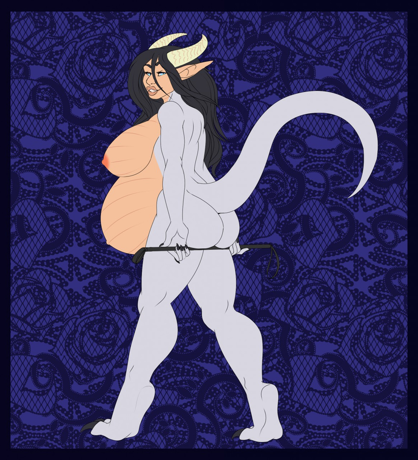 anthro bdsm belly big_(disambiguation) black_hair blue_eyes breasts butt button_(disambiguation) clawed_feet claws dragon hair half_dragon half_human happy horn human_face invalid_color invalid_tag lips nipples nude outie pointy_ears pop pregnant ready_to_pop riding_crop scales sefira_nightfang smile sweetvixsin teeth voluptuous whip white_scales