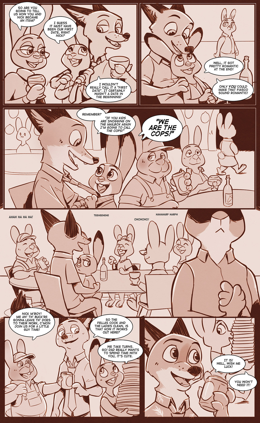 2017 anthro beverage blush bonnie_hopps buckteeth canine clothed clothing comic daughter dialogue dipstick_ears disney eyewear family father fox glasses group hi_res judy_hopps lagomorph mammal mistermead monochrome mother necktie nick_wilde on_lap parent rabbit shirt sitting size_difference smile speech_bubble stu_hopps sweater teeth text violet_hopps_(zootopia) zootopia