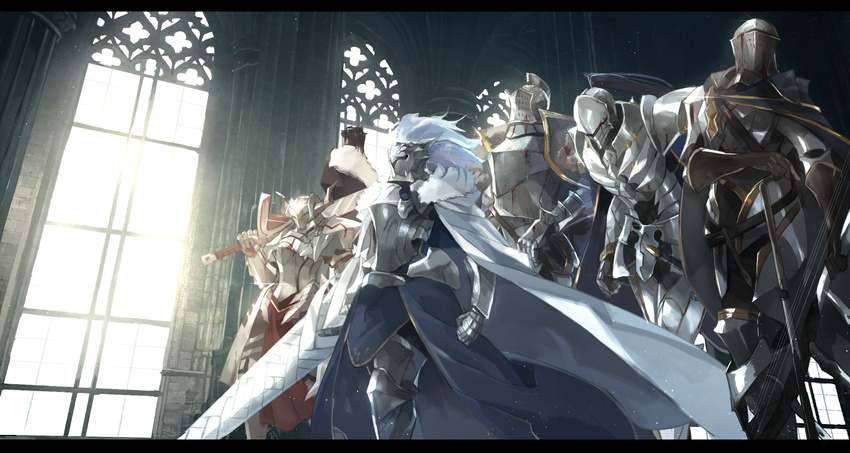 3boys agravain_(fate/grand_order) armor artoria_pendragon_(all) artoria_pendragon_(lancer) blood cape commentary_request fate/apocrypha fate/extra fate/grand_order fate/stay_night fate_(series) full_armor gawain_(fate/extra) highres holding holding_sword holding_weapon indoors knights_of_the_round_table_(fate) lance lancelot_(fate/grand_order) letterboxed md5_mismatch mono_(jdaj) mordred_(fate) mordred_(fate)_(all) multiple_boys multiple_girls odd_one_out polearm sword tristan_(fate/grand_order) weapon window