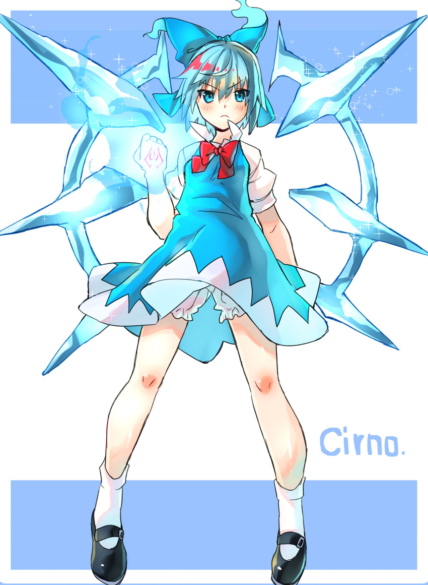 absurdres arm_at_side bangs black_footwear bloomers blue_background blue_dress blue_eyes blue_fire blue_hair blush bow character_name cirno clenched_hand dress dress_lift energy fire full_body glowing glowing_hand hair_between_eyes hair_bow highres ice ice_wings kneesocks_senritsu legs looking_at_viewer mary_janes powering_up puffy_short_sleeves puffy_sleeves serious shiny shiny_hair shoes short_dress short_sleeves sleeveless sleeveless_dress solo sparkle symbol touhou two-tone_background underwear white_background white_legwear wings