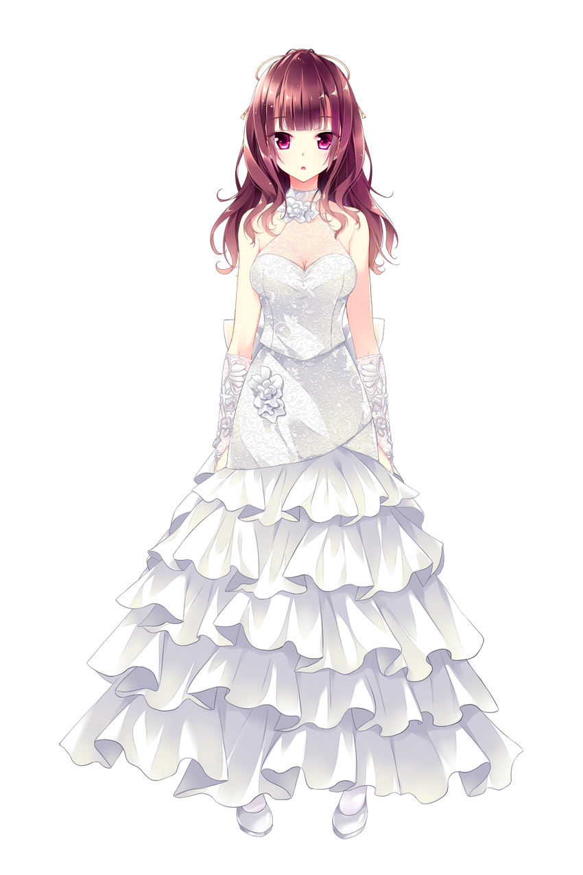 bangs bare_shoulders breasts bridal_gauntlets brown_hair cleavage dress elbow_gloves eyebrows_visible_through_hair full_body gloves golden_marriage hayakawa_harui highres ichijouji_toko long_hair looking_at_viewer medium_breasts official_art open_mouth purple_eyes sleeveless standing transparent_background wedding_dress white_dress white_footwear white_gloves white_legwear