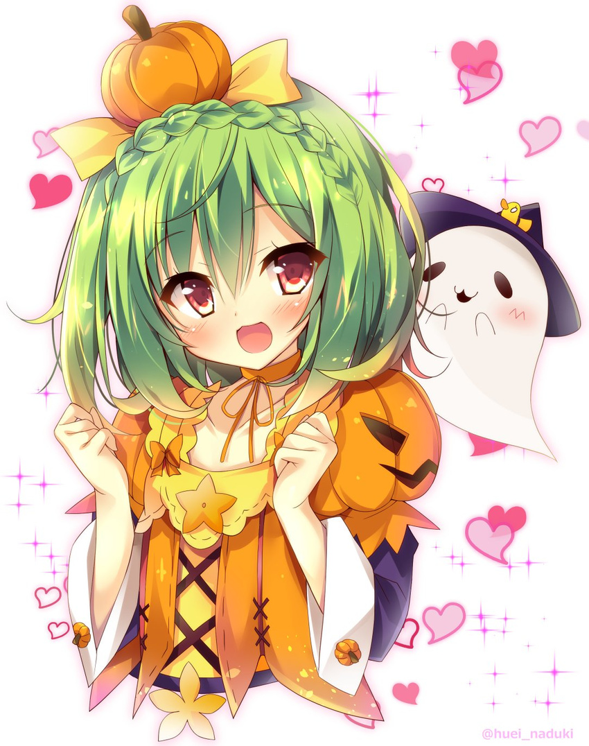 :d blush bow braid choker crown_braid flower_knight_girl food_themed_clothes food_themed_hair_ornament ghost green_hair hair_bow hair_ornament heart heart_background highres huei_nazuki open_mouth orange_choker pepo_(flower_knight_girl) pumpkin_hair_ornament red_eyes short_hair smile solo upper_body white_background yellow_bow