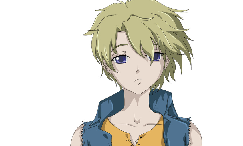 1boy blonde_hair clothed clothing el_cazador_de_la_bruja ellis ellis_(el_cazador_de_la_bruja) gender_bender male purple_eyes shirt simple_background vest