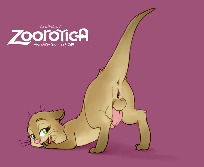 2015 anthro anus bedroom_eyes butt dickgirl disney fatalfox female feral half-closed_eyes hi_res intersex licking mammal mrs._otterton mustelid otter pink_background pink_nose presenting presenting_hindquarters presenting_pussy pussy pussy_juice raised_tail seductive simple_background solo tongue tongue_out whiskers zootopia