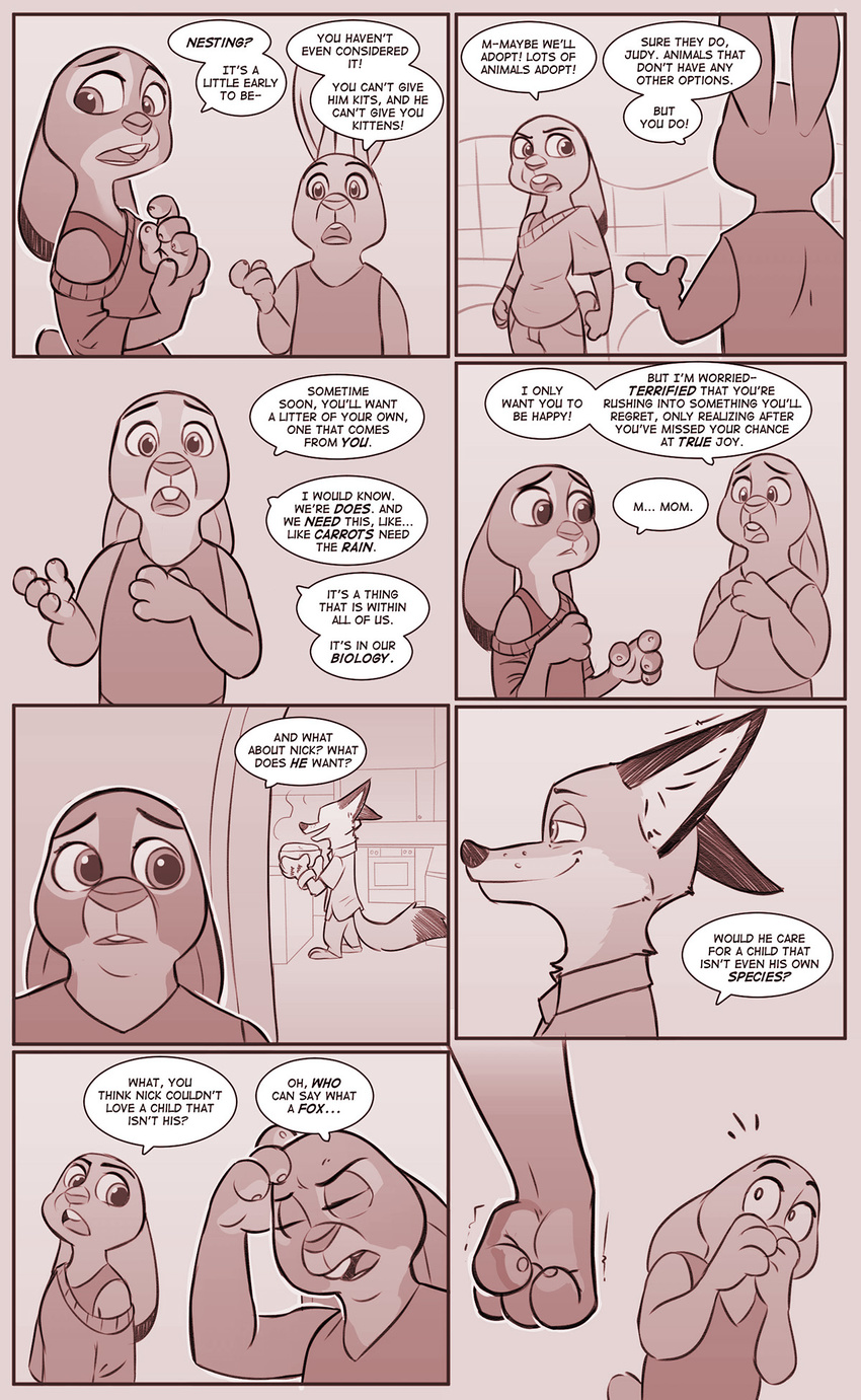 2017 anthro bonnie_hopps buckteeth canine clothed clothing comic daughter dialogue dipstick_ears dipstick_tail disney english_text female fist fox hi_res judy_hopps lagomorph male mammal mistermead mother multicolored_tail nick_wilde parent rabbit shaking speech_bubble teeth text zootopia