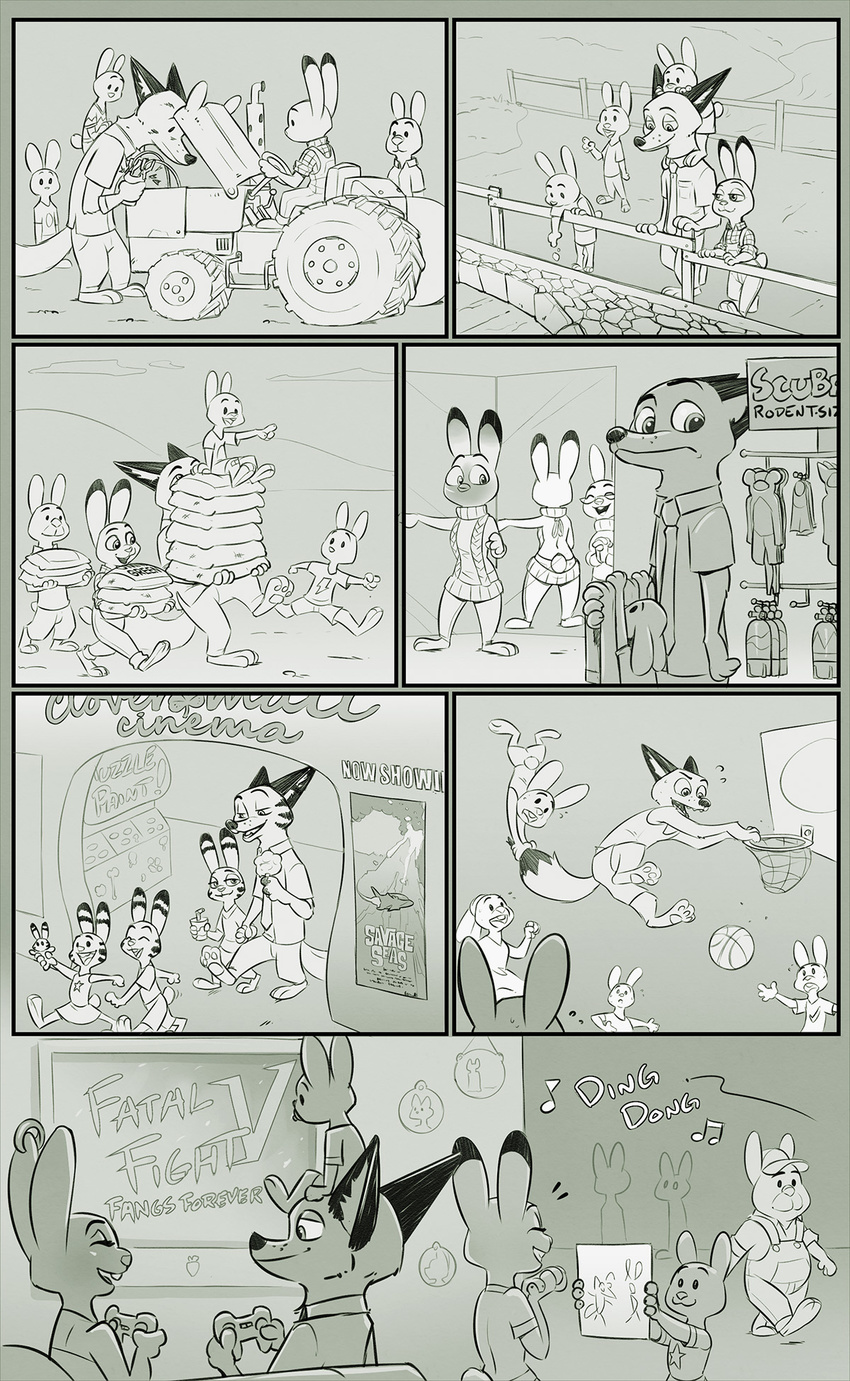 2017 anthro basketball blush buckteeth canine clothed clothing comic controller daughter dipstick_ears disney eyewear face_paint family father fox gaming glasses group hi_res judy_hopps lagomorph mammal meme mistermead monochrome necktie nick_wilde parent rabbit shirt size_difference smile stu_hopps sweater teeth television text violet_hopps_(zootopia) virgin_killer_sweater zootopia