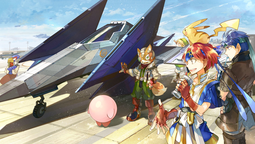 arwing beverage black_nose blue_eyes boots canine clothing cloud crossover dipstick_tail falco_lombardi fingerless_gloves fire_emblem footwear fox fox_mccloud gloves green_eyes group human ike_(fire_emblem) jacket kirby kirby_(series) link long_ears male mammal multicolored_tail nintendo pikachu pok&eacute;mon roy_(fire_emblem) scarf star_fox super_smash_bros the_legend_of_zelda video_games のき