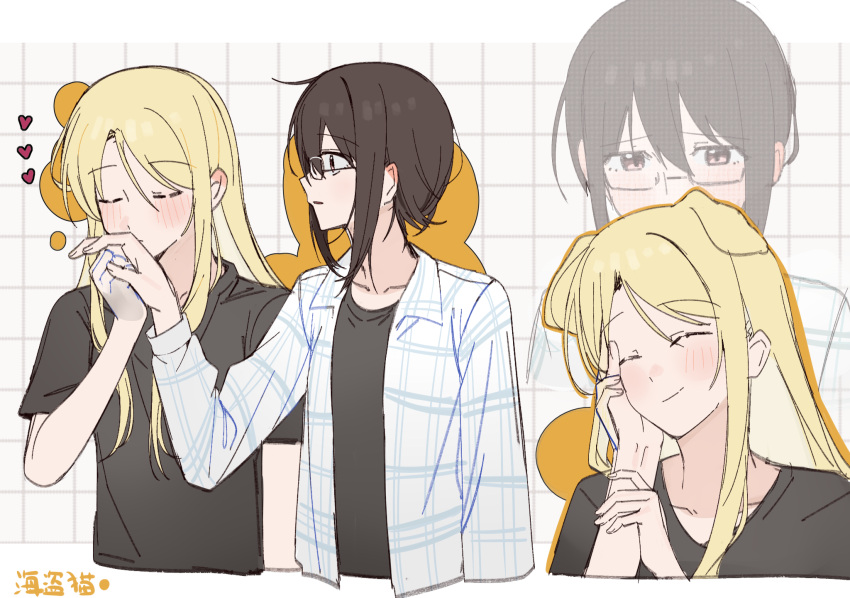 2girls animal_ears black_shirt blonde_hair brown_hair character_request chinese_commentary closed_mouth collarbone commentary_request copyright_request dog_ears dog_girl dog_tail glasses haidao_mao hair_between_eyes hand_on_another's_cheek hand_on_another's_face highres holding_hands jacket kemonomimi_mode long_hair long_hair_between_eyes multiple_girls open_mouth shirt tail upper_body white_jacket yuri