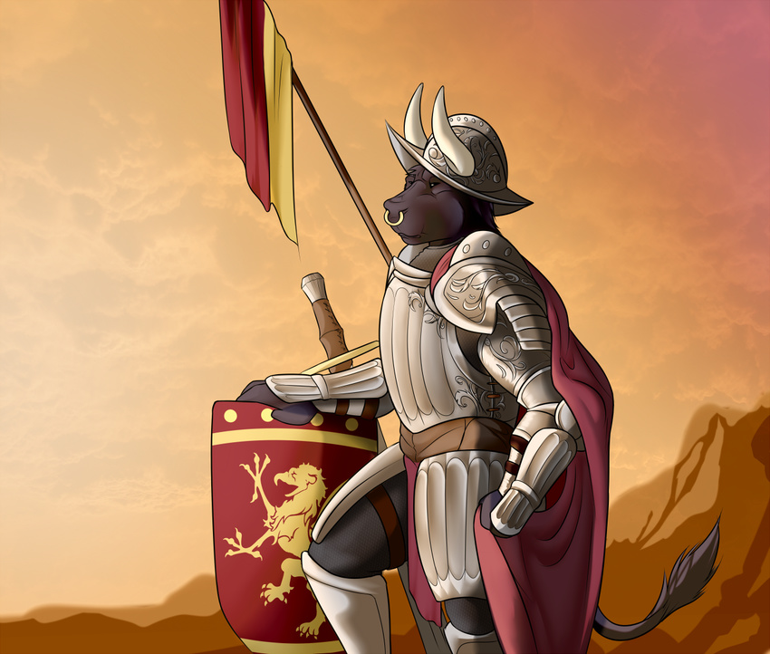 aennor bovine cattle flag furrnion hair horn knight male mammal medieval melee_weapon musle shield sword weapon