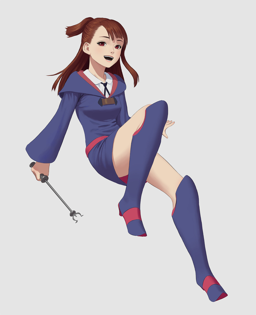 bangs breasts brown_hair carlo_montie collared_shirt dress full_body happy highres holding holding_wand kagari_atsuko kneehighs little_witch_academia long_hair long_sleeves looking_at_viewer luna_nova_school_uniform medium_breasts open_mouth parted_lips purple_dress school_uniform shirt solo teeth wand white_shirt witch
