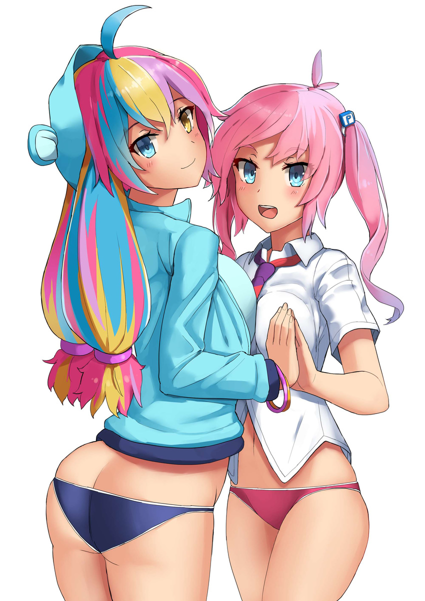 absurdres ahoge aqua_hair ass asymmetrical_docking bad_id bad_pixiv_id blonde_hair blouse blue_panties breast_press breasts butt_crack closed_mouth cowboy_shot from_behind hair_between_eyes hands_clasped height_difference heterochromia highres jacket large_breasts long_hair looking_at_viewer medium_breasts mimi_(picarto.tv) multicolored_hair multiple_girls open_mouth own_hands_together panties picarto.tv pink_hair pink_panties soushou_nin thighs track_jacket twintails underwear very_long_hair wavy_hair white_blouse