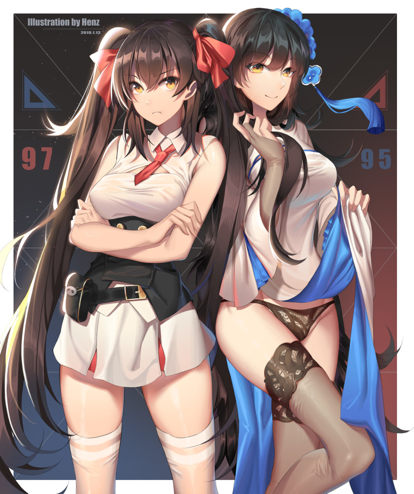 2girls absurdres alternate_costume bangs belt black_hair blush breasts bridal_gauntlets brown brown_eyes brown_hair brown_legwear buckle character_name china_dress chinese_clothes cleavage_cutout closed_mouth crossed_arms double-breasted dress dress_lift eyebrows_visible_through_hair flower girls_frontline gloves hair_between_eyes hair_flower hair_ornament hair_ribbon hand_up henz_(86551650) highres large_breasts lifted_by_self long_hair looking_at_viewer multiple_girls necktie pelvic_curtain pleated_skirt pouch pout qbz-95_(girls_frontline) qbz-97_(girls_frontline) red_eyes red_neckwear ribbon shirt siblings sidelocks sisters skirt sleeveless sleeveless_shirt smile thighhighs twintails underbust very_long_hair white_dress white_legwear white_shirt wide_sleeves