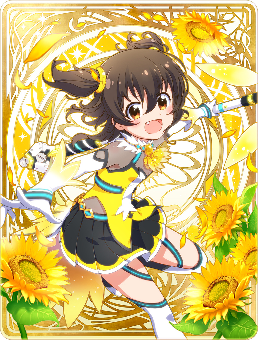 battle_girl_high_school black_hair fang flower hair_ornament highres looking_at_viewer minami_hinata official_art open_mouth petals short_hair solo sunflower thighhighs yellow_eyes