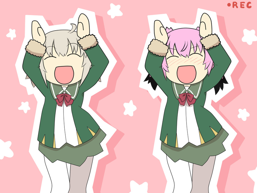 :d ahoge bow bowtie caramelldansen closed_eyes comic commentary_request dancing eyebrows_visible_through_hair fur-trimmed_sleeves fur_trim goma_(gomasamune) green_jacket green_skirt grey_hair hands_on_own_head highres jacket kantai_collection kunashiri_(kantai_collection) long_sleeves multiple_girls open_mouth outline pantyhose parody pink_background pink_hair pleated_skirt recording red_bow red_neckwear school_uniform shimushu_(kantai_collection) skirt smile star white_legwear white_outline