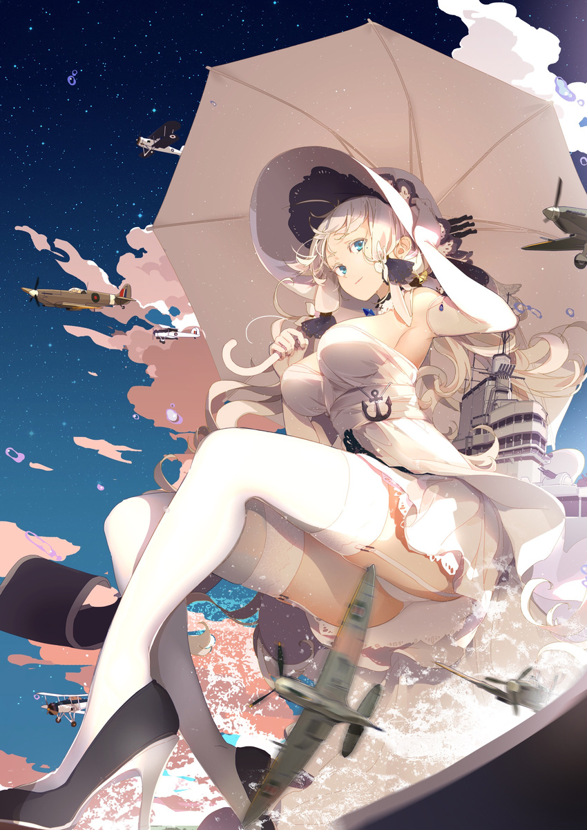 absurdres aircraft airplane armpits ass azur_lane black_footwear blue_eyes bonnet breasts dress elbow_gloves garter_straps gloves hat high_heels highres illustrious_(azur_lane) large_breasts long_hair looking_at_viewer mole mole_under_eye panties sakura_sora seafire_(airplane) sleeveless sleeveless_dress smile solo swordfish_(airplane) thighhighs umbrella underwear white_dress white_gloves white_legwear white_panties