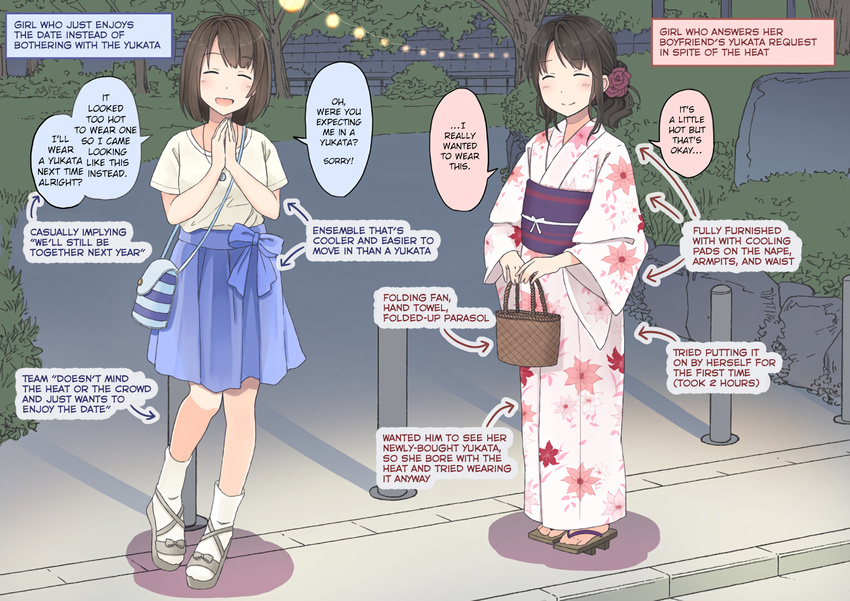 2girls black_hair blue_skirt blush brown_hair commentary_request english evening eyes_closed floral_print flower geta hair_flower hair_ornament hands_together hard_translated japanese_clothes kimono mikkii multiple_girls night niichi_(komorebi-palette) obi original outdoors pink_kimono print_kimono sash school_uniform shirt shoes short_hair skirt smile socks summer_festival w_arms white_kimono white_legwear white_shirt yukata