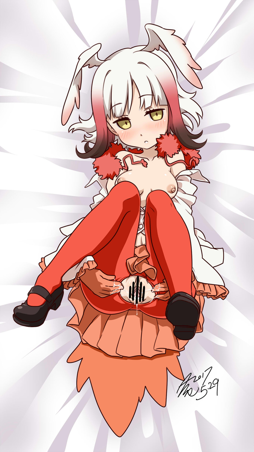 :o absurdres bangs bar_censor bed_sheet black_footwear blunt_bangs blush breasts breasts_apart breasts_outside buttons censored collared_shirt empty_eyes expressionless eyebrows_visible_through_hair foreshortening frilled_sleeves frills from_above fur_collar head_tilt head_wings highres japanese_crested_ibis_(kemono_friends) kemono_friends legs_up long_sleeves looking_at_viewer looking_up mary_janes medium_breasts miniskirt multicolored_hair nipples no_bra open_clothes open_shirt orange_skirt pantyhose parted_lips partially_unbuttoned pleated_skirt presenting pussy red_hair red_legwear shirt shoe_soles shoes signature skirt solo spread_pussy streaked_hair takeya_yuuki torn_clothes torn_legwear upskirt white_hair white_shirt wide_sleeves