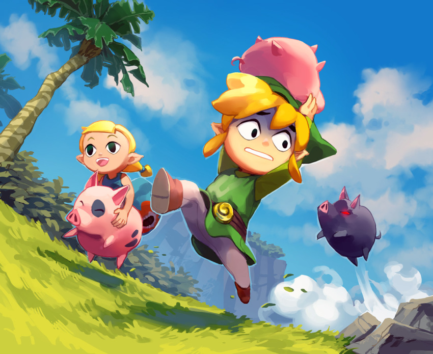 aryll bangs belt_buckle blonde_hair buckle hat link niko_geyer nintendo palm_tree pig pointy_ears riding running short_twintails the_legend_of_zelda the_legend_of_zelda:_the_wind_waker toon_link tree tunic twintails