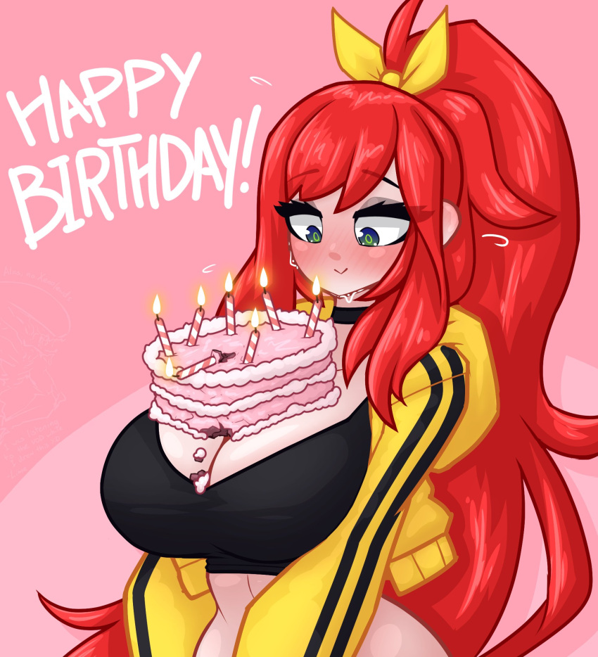 1girl birthday_cake black_sports_bra blush breasts cake candle choker cleavage elly_(1st_costume)_(vtuber) elly_(vtuber) food food_on_body food_on_breasts green_eyes happy_birthday highres indie_virtual_youtuber jacket large_breasts limebreaker long_hair looking_down pink_background ponytail red_hair solo sports_bra virtual_youtuber yellow_jacket