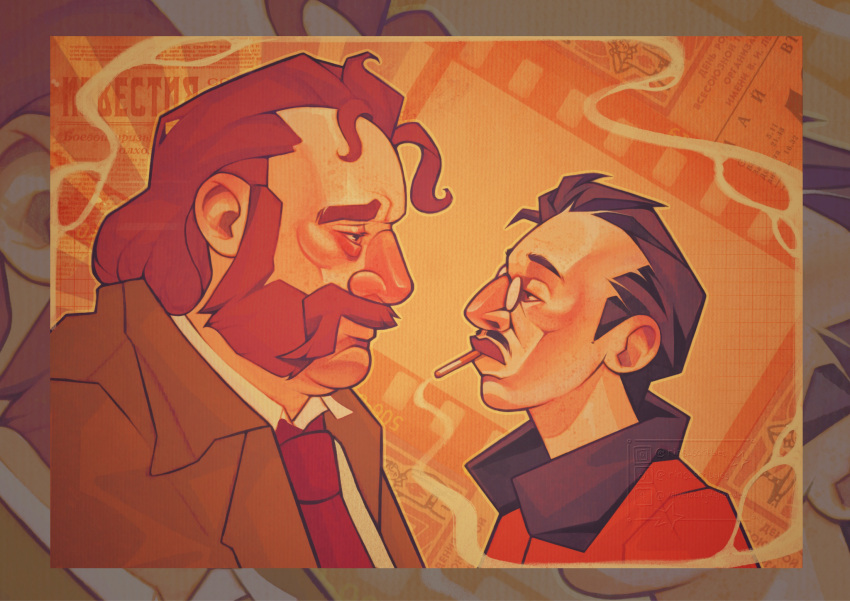 2boys aegyo_sal bomber_jacket collared_shirt disco_elysium exhausted facial_hair from_side green_jacket hair_slicked_back harry_du_bois highres jacket kim_kitsuragi looking_at_another male_focus mullet multiple_boys mutton_chops necktie orange_jacket red_necktie round_eyewear shirt upper_body valvelocitydefender white_shirt zoom_layer