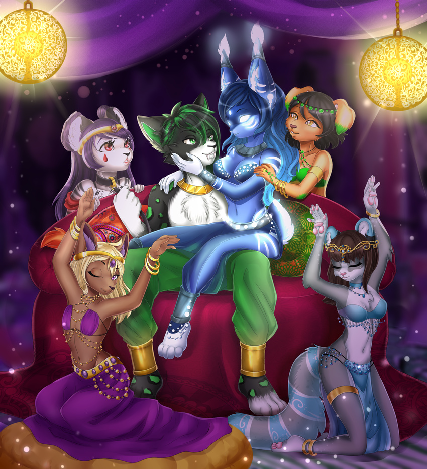 5_fingers alaks anthro big_breasts breasts cleavage clothed clothing digital_media_(artwork) evie eyelashes female glowing group harem jewelry looking_at_viewer male mammal midriff moonblossom navel purple_eyes red_eyes samantha sashatf smile zera_(zerarick)