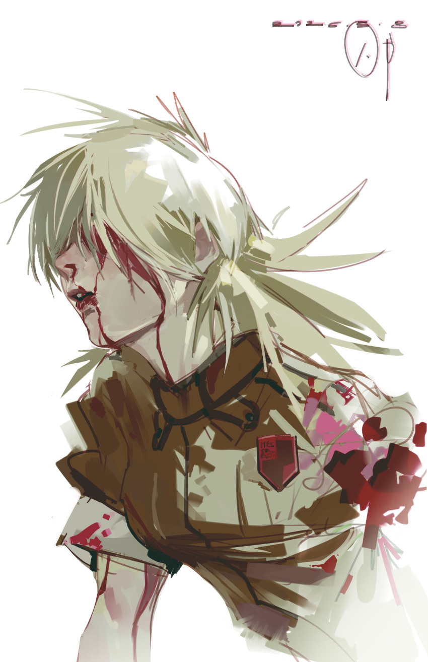 1girl absurdres blonde_hair blood blood_on_clothes blood_on_face hellsing highres military_uniform prisoners_book_(artist) seras_victoria shirt simple_background solo spiked_hair taut_clothes taut_shirt vampire white_background