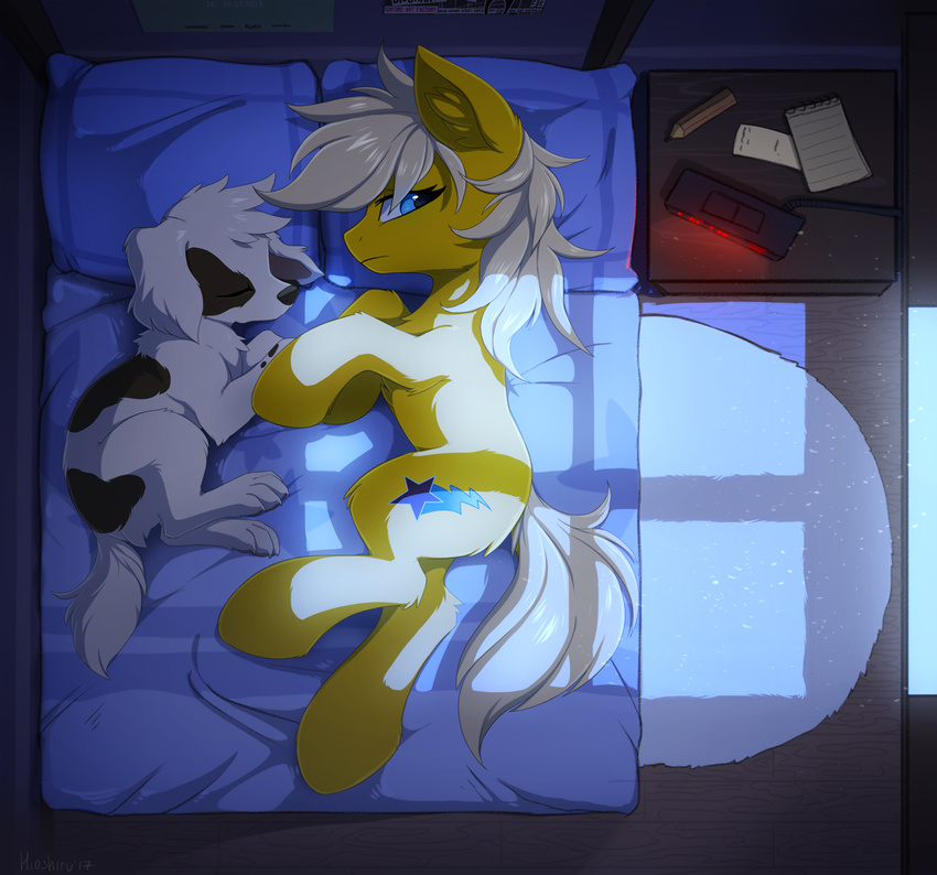 2017 bed black_nose blue_eyes canine cutie_mark detailed_background dog equine eyelashes fan_character fur hioshiru hooves inner_ear_fluff inside mammal my_little_pony night on_bed paws white_fur yellow_fur