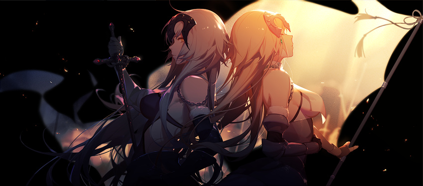 armor armored_dress ask_(askzy) back-to-back black_background blonde_hair blurry breasts closed_eyes closed_mouth commentary_request depth_of_field elbow_gloves fate/apocrypha fate/grand_order fate_(series) flag gauntlets gloves grey_hair headpiece holding holding_flag holding_sword holding_weapon jeanne_d'arc_(alter)_(fate) jeanne_d'arc_(fate) jeanne_d'arc_(fate)_(all) large_breasts long_hair md5_mismatch medium_breasts multiple_girls orange_eyes shiny shiny_hair shiny_skin sideboob simple_background standard_bearer sword upper_body vambraces weapon yellow_eyes