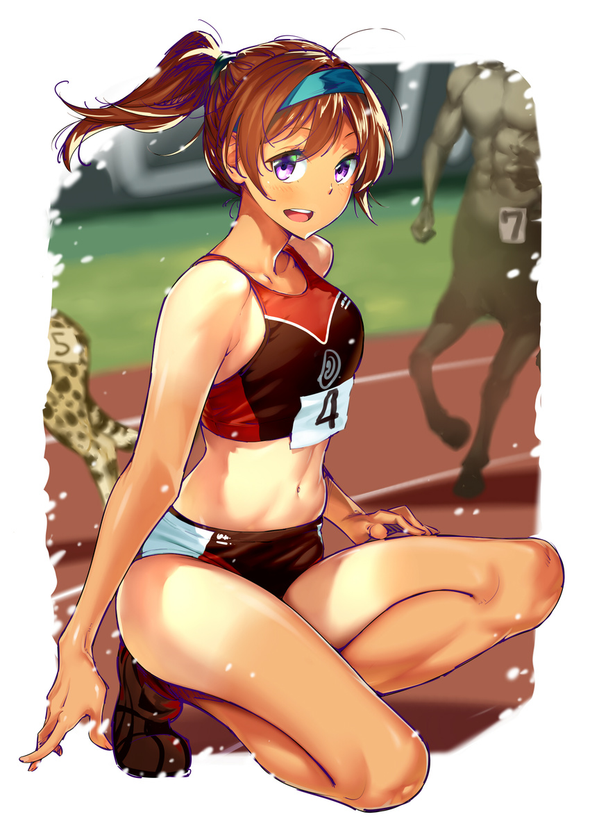 ass bangs blush brown_hair buruma centaur cheetah commentary day hairband highres looking_at_viewer midriff navel open_mouth original outdoors ponytail purple_eyes red_buruma smile solo_focus sports_bikini sports_bra squatting tan tanline teeth thighs track_and_field track_uniform twinpoo