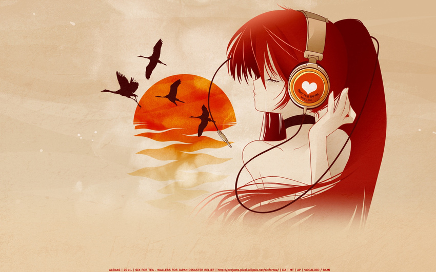 bird choker closed_eyes crying floating_hair hair_between_eyes hand_on_head hato_rami hatsune_miku headphones highres long_hair ponytail reflection shadow solo sunset third-party_edit vocaloid wallpaper wire
