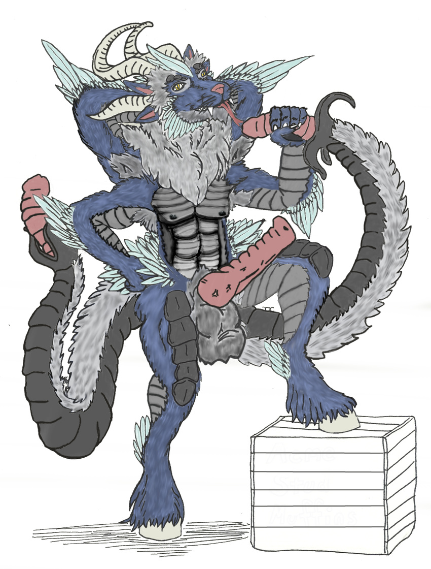 2016 2_tails 4_arms 4_balls abs alternate_version_available animal_genitalia animal_penis anthro armpit_hair armpits balls biceps blue_fur chimera colored crate equine_penis erection facial_hair fangs feathers fist forked_tongue front_view fur goatee grey_fur hand_on_hip hands_behind_head holding_penis hooves horn hybrid hybrid_penis knot knotted_equine_penis licking male mane multi_arm multi_balls multi_limb multi_tail muscular nipples nude oral pecs penis penis_lick pose ridged_penis sabertooth_(feature) scales sex simple_background solo standing sweetbloodmoon szaeravar tail_penis tongue tongue_out vein veiny_penis whiskers white_background