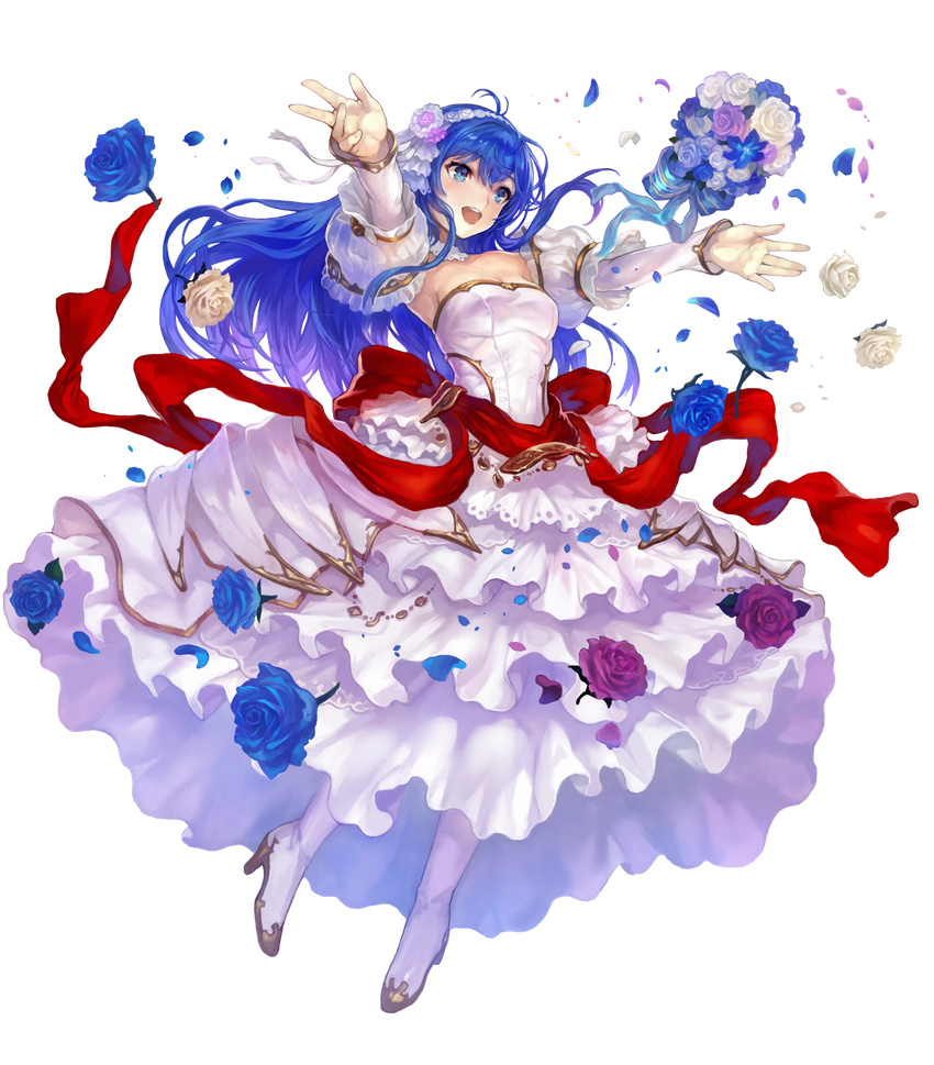 armpits bangs blue_eyes blue_hair bouquet breasts cleavage detached_collar dress eyebrows_visible_through_hair fire_emblem fire_emblem:_monshou_no_nazo fire_emblem_heroes flower full_body hair_flower hair_ornament hairband high_heels highres long_hair looking_away medium_breasts official_art open_mouth petals sheeda smile solo transparent_background wedding_dress white_dress yoshiku_(oden-usagi)