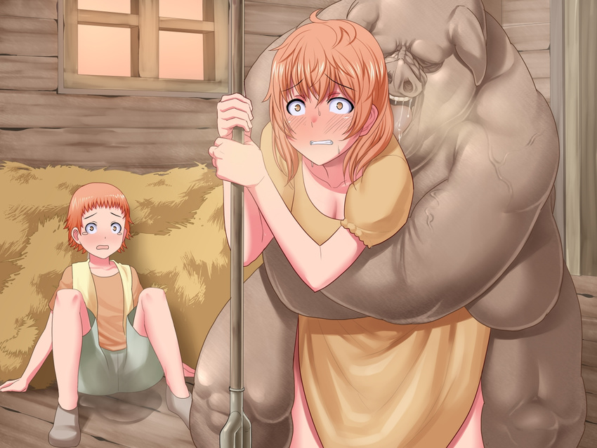 1girl 2boys breasts dress game_cg kinoshita_(air_hike) mother_and_son multiple_boys netorare orc orc_ni_maketa_kuni_6 peeing rape tongue watching