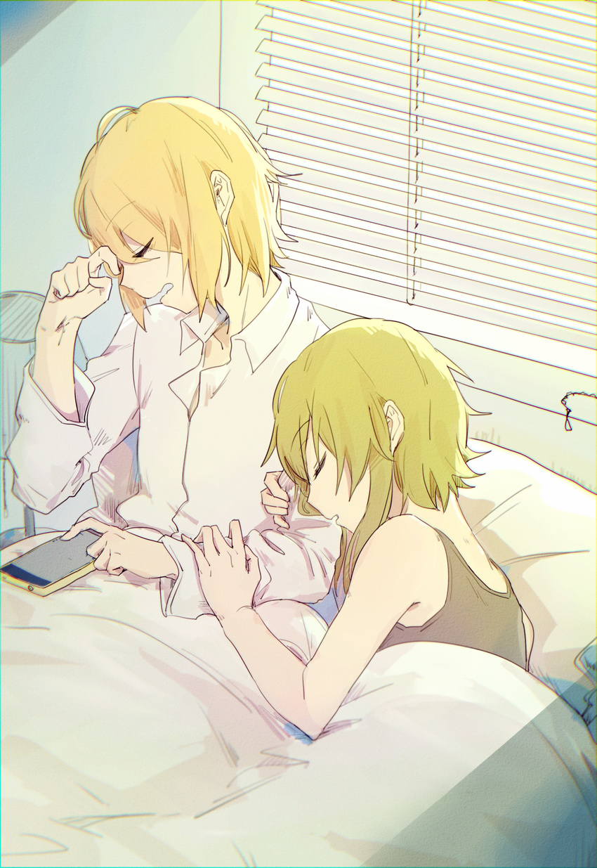 arm_holding bed bed_sheet blonde_hair cellphone closed_eyes eyebrows_visible_through_hair flat_chest green_hair gumi hand_on_another's_arm head_on_shoulder highres kagamine_rin leaning_on_person lying multiple_girls on_side open_mouth parted_lips phone pillow shirt short_hair shutter sidelocks sleeping sleepwear sleepy unbuttoned unbuttoned_shirt underl vocaloid waking_up wavy_mouth yawning yuri
