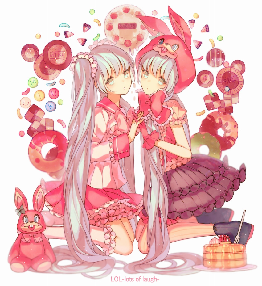 animal_hood bangs black_skirt bunny_hood candy character_name checkerboard_cookie closed_mouth commentary_request cookie copyright_name doughnut food fork frills from_side gloves grey_eyes grey_hair hatsune_miku highres holding_hands hood interlocked_fingers kneeling long_hair long_sleeves looking_at_viewer lots_of_laugh_(vocaloid) multiple_girls pancake parted_lips pink_gloves pink_skirt sailor_collar school_uniform serafuku short_sleeves sidelocks skirt stuffed_animal stuffed_bunny stuffed_toy sweets symmetry twintails very_long_hair vocaloid yasiromann