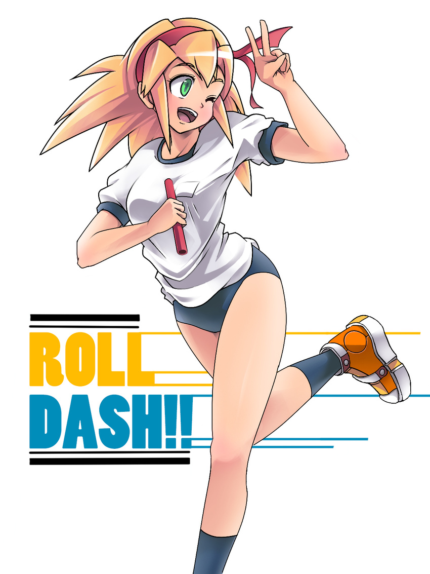 38_(pixiv467977) ;d bangs baton black_buruma black_legwear blonde_hair breasts buruma character_name commentary_request english green_eyes gym_uniform hand_up headband highres holding leg_up long_hair looking_to_the_side medium_breasts one_eye_closed open_mouth pun red_headband rockman rockman_dash roll_caskett running shirt shoes short_sleeves sidelocks smile solo t-shirt teeth thighs v white_background white_shirt yellow_footwear