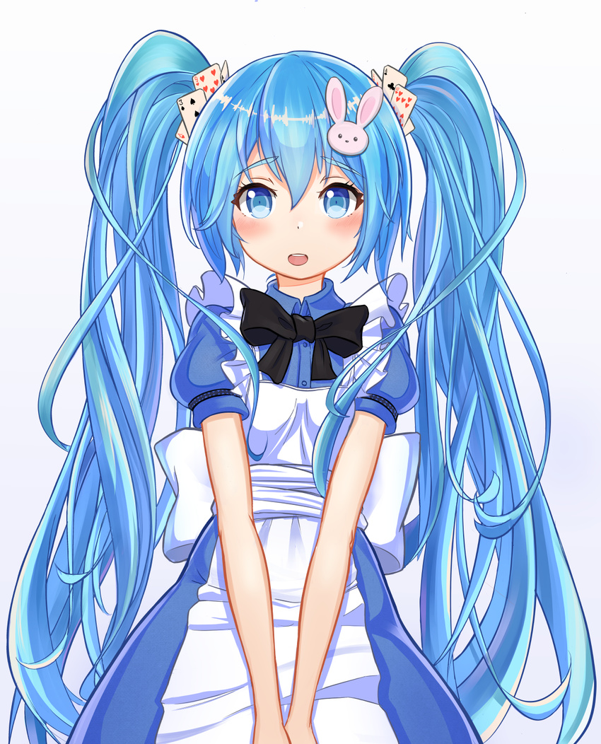 alice_(wonderland) alice_(wonderland)_(cosplay) alice_in_wonderland bibboss39 blue_eyes blue_hair blush bow bowtie bunny_hair_ornament card cosplay cowboy_shot hair_ornament hatsune_miku highres long_hair looking_at_viewer open_mouth playing_card solo twintails very_long_hair vocaloid