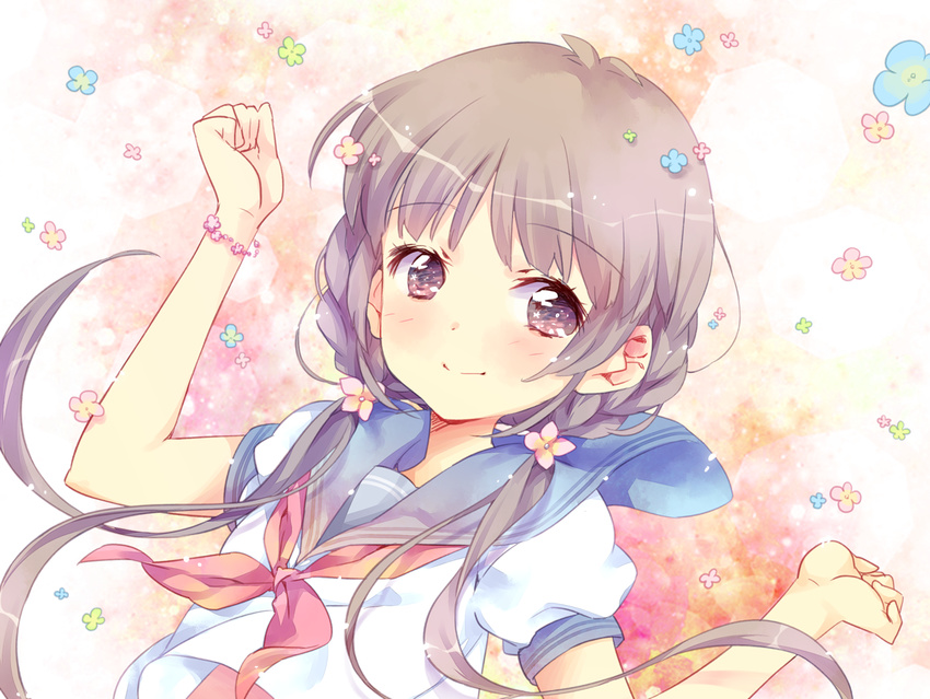 bangs blue_skirt blush bracelet brown_eyes closed_mouth ech eyebrows_visible_through_hair floral_background flower grey_hair hair_flower hair_ornament jewelry long_hair looking_at_viewer low_twintails neckerchief original pleated_skirt red_neckwear school_uniform serafuku shirt short_sleeves skirt smile solo twintails upper_body very_long_hair