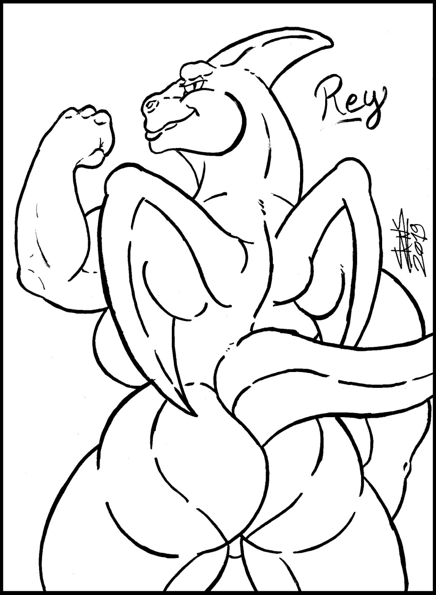 back_boob big_butt black_and_white breasts butt dragon_ball female flexing giras invalid_tag line_art looking_at_viewer monochrome muscular rey skianous solo wings