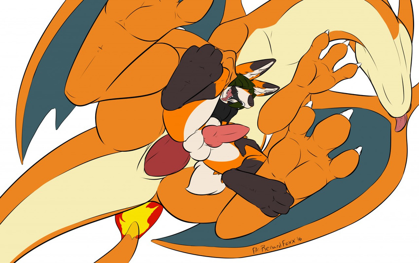 abdominal_bulge anal anal_penetration anthro anthro_on_feral balls bestiality big_dom_small_sub canine charizard feral fox knot male male/male mammal mega_charizard mega_charizard_y mega_evolution nintendo open_mouth penetration pok&eacute;mon renard_foxx size_difference slit tongue tongue_out video_games view_from_below