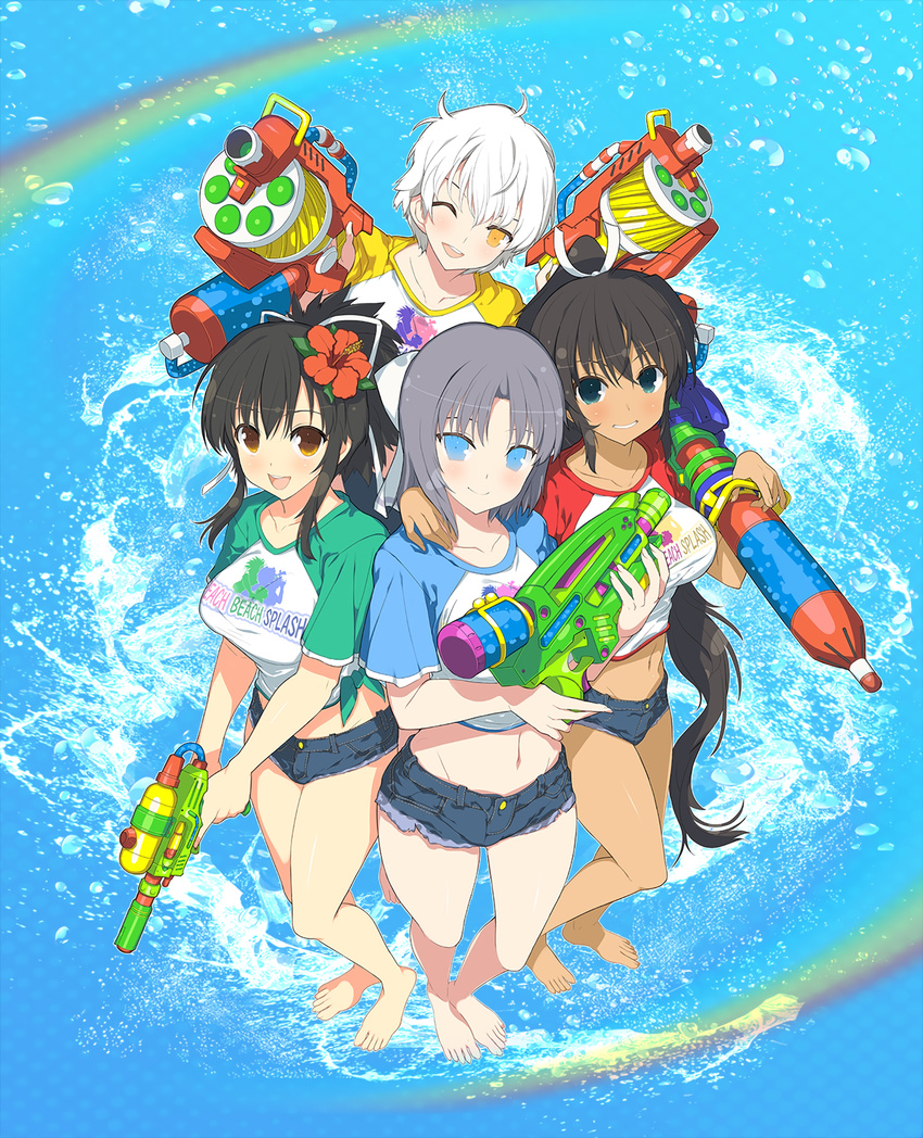 aqua_eyes asuka_(senran_kagura) barefoot black_hair blue_eyes blush carrying_over_shoulder clothes_writing denim denim_shorts dual_wielding flower grin gun hair_flower hair_ornament hand_on_another's_shoulder highres holding holding_gun holding_weapon homura_(senran_kagura) long_hair midriff miyabi_(senran_kagura) multiple_girls navel official_art one_eye_closed open_mouth senran_kagura senran_kagura_peach_beach_splash shirt short_hair short_shorts short_sleeves shorts smile t-shirt very_long_hair water_gun weapon white_hair yaegashi_nan yellow_eyes yumi_(senran_kagura)