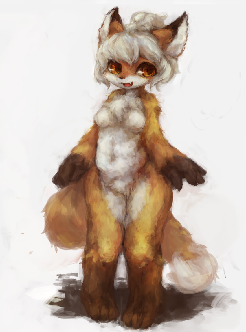 3_toes 4_fingers :3 :d anthro bangs black_fur black_nose breasts canine chest_tuft countershade_face countershade_torso countershading crotch_tuft cute_fangs digital_media_(artwork) dipstick_ears dipstick_tail fangs female fluffy fluffy_tail fox full-length_portrait fur gloves_(marking) hair hair_between_eyes hair_bun kemono looking_aside looking_away mammal markings medium_breasts multicolored_fur multicolored_tail nude open_mouth orange_eyes orange_fur pigeon_toed pink_tongue portrait red_fox shadow short_hair simple_background smile socks_(marking) solo standing tamakakego toes tongue tuft white_background white_belly white_fur white_hair wide_hips