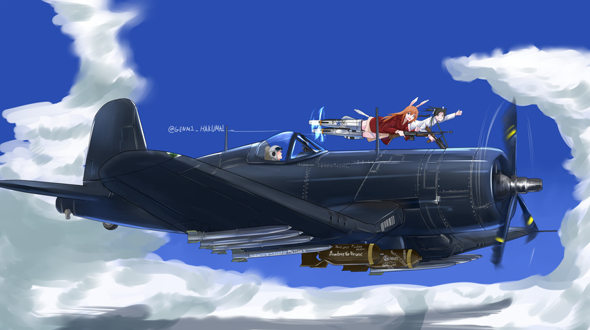 aircraft airplane animal_ears bomb bunny_ears camouflage cat_ears charlotte_e_yeager cloud day engrish f4u_corsair flying francesca_lucchini gun hakumai highres holding holding_weapon long_hair m1918_bar machine_gun military military_vehicle multiple_girls open_mouth original pilot pilot_helmet profanity ranguage rocket smile strike_witches striker_unit teeth thumbs_up weapon world_witches_series