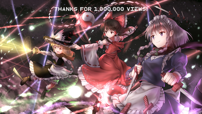 apron artist_name blonde_hair bow braid broom broom_surfing brown_eyes brown_hair commentary dagger danmaku detached_sleeves dual_wielding english flying frilled_skirt frills gohei grey_hair hair_bow hair_tubes hakurei_reimu hat hat_bow highres hits holding holding_weapon izayoi_sakuya japanese_clothes juliet_sleeves kirisame_marisa laser long_hair long_sleeves maid maid_headdress mini-hakkero minust multiple_girls open_mouth outstretched_arm outstretched_arms perfect_cherry_blossom puffy_sleeves purple_eyes ribbon-trimmed_sleeves ribbon_trim sarashi scarf skirt skirt_set smile spread_arms touhou twin_braids waist_apron weapon witch_hat yellow_eyes yin_yang