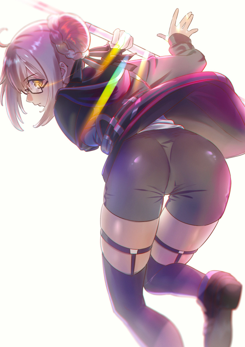 1girl absurdres artoria_pendragon_(all) ass eyes fate/grand_order fate_(series) garter_straps glasses hair_bun hair_ribbon highres hood hoodie kujuu_shikuro light_rays looking_back motion_blur mysterious_heroine_x_(alter) pink_hair ribbon semi-rimless_eyewear shoes shorts simple_background solo sunbeam sunlight thighhighs white_background yellow