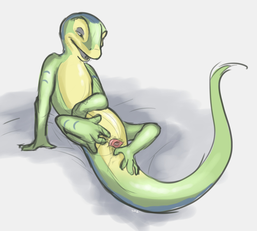 2015 ambiguous_gender animal_genitalia anthro arm_support cloaca digital_media_(artwork) gecko gex gex_(series) green_scales hi_res horizontal_cloaca lizard nude open_mouth presenting presenting_cloaca reclining reptile scales scalie semi-anthro simple_background solo spread_cloaca spreading tuke