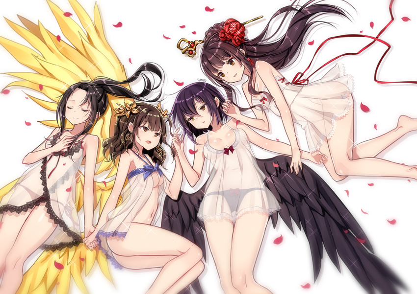 :d angel_wings arm_behind_back artist_name ass babydoll bad_id bad_pixiv_id bangs bare_arms bare_legs bare_shoulders barefoot black_hair black_panties black_wings blue_bow blunt_bangs blush body_blush bottomless bow bow_panties breasts breasts_apart brown_hair brown_panties closed_eyes closed_mouth collarbone commentary_request dungeon_and_fighter earrings ears_visible_through_hair feathered_wings female_crusader_(dungeon_and_fighter) female_priest_(dungeon_and_fighter) flower from_above glint goyain hair_flower hair_ornament hair_stick half-closed_eyes hand_on_own_chest highres holding_hands inquisitor_(dungeon_and_fighter) jewelry lace_trim lingerie long_hair looking_to_the_side low_wings lying medium_breasts mistress_(dungeon_and_fighter) multiple_girls navel no_panties on_back on_side open_mouth panties petals ponytail purple_hair red_bow red_flower red_ribbon red_rose ribbon rose see-through shaman_(dungeon_and_fighter) shiny shiny_skin sidelocks small_breasts smile sparkle stomach thigh_gap thighs tsurime underboob underwear underwear_only wavy_hair white_babydoll wings yellow_wings